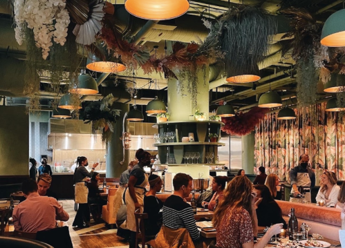 A vibrant restaurant interior with hanging plants, warm lighting, and diners enjoying their meals at wooden tables.