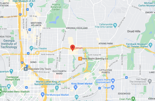 Map showing a section of Atlanta, highlighting the Atrium location near Fox Theatre and New Realm Brewing Co.