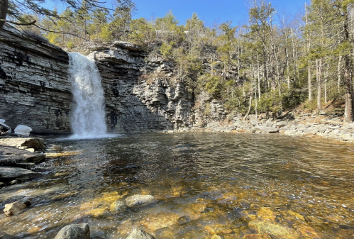 A serene waterfall cascades into a clear pool, surrounded by rocky cliffs and trees under a bright blue sky.