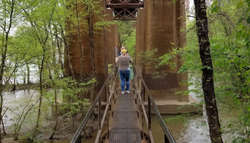 A person walks on a metal bridge surrounded by lush green trees and water, with large pillars in the background.