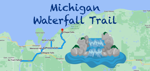 Map of Michigan's Waterfall Trail, featuring Chapel Falls and a graphic of a waterfall.