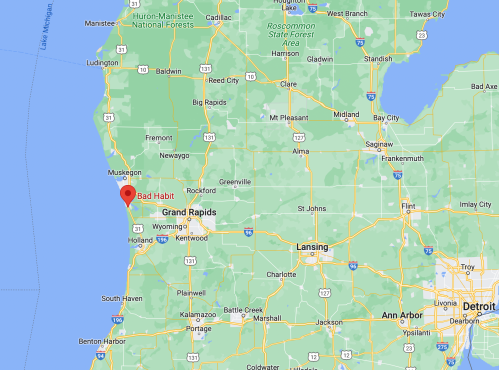 Map showing the location of Bad Habit near Grand Rapids, Michigan, along the western coast of the state.