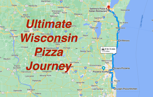 Map showing the route for the "Ultimate Wisconsin Pizza Journey" with key pizza restaurant locations marked.