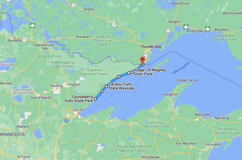 Map showing the route from Gooseberry Falls State Park to Judge CR Magney State Park near Thunder Bay, Ontario.