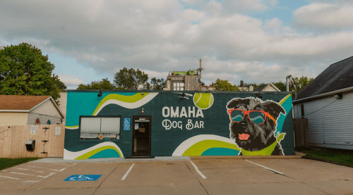 Colorful mural of a dog wearing sunglasses on the side of the Omaha Dog Bar building, with a blue sky above.