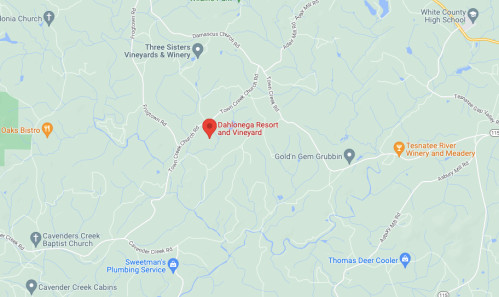 Map showing the location of Dahlonega Resort and Vineyard in a rural area with nearby landmarks and roads.