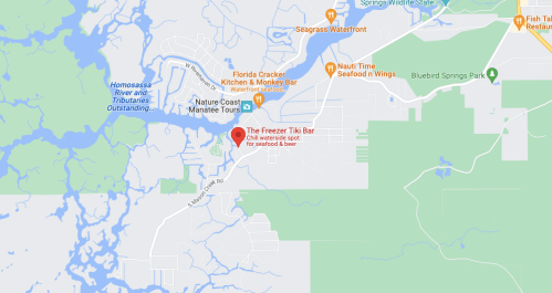 Map showing the location of The Freezer Tiki Bar, a seafood and beer spot near the Homosassa River.