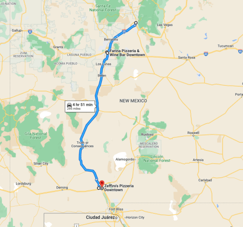 Map showing a route from Ciudad Juárez to Zeffiro's Pizzeria & Wine Bar in Downtown, New Mexico, with travel time noted.