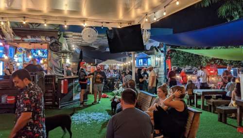 A lively outdoor bar scene at night with people socializing, string lights, and a dog on the grass.