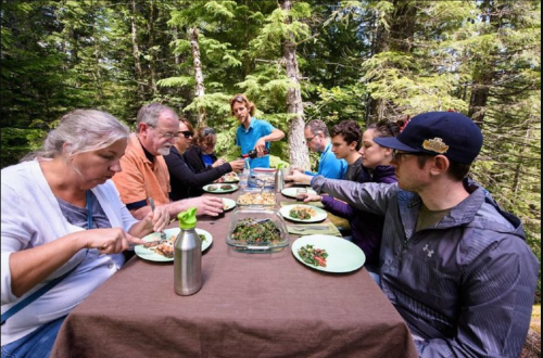 A group of people enjoying a meal outdoors at a table surrounded by trees, with plates of food and drinks.