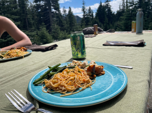 A plate of pasta and green beans on a table outdoors, surrounded by trees and mountains, with a soda can nearby.