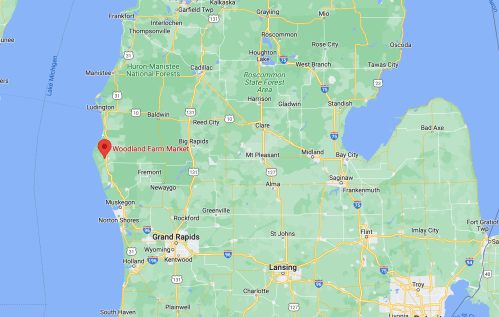 Map showing the location of Woodland Farm Market on the west side of Michigan, near Lake Michigan.