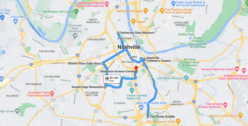 Map of Nashville highlighting a route from the Adventure Science Center to various local attractions.