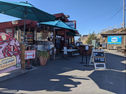 Outdoor seafood market with umbrellas, signage for social distancing, and a person at the counter. Sunny day.
