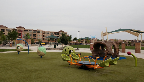 Colorful playground equipment on green grass, with modern buildings and shaded areas in the background.