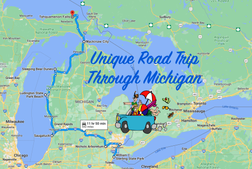 Map of a unique road trip route through Michigan, featuring a cartoon car and landmarks like Tahquamenon Falls.