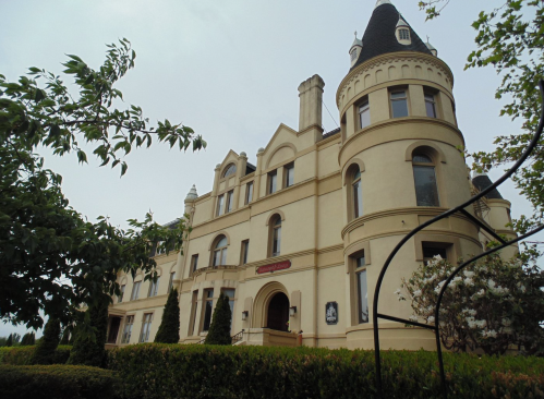 A large, ornate mansion with a turret, surrounded by greenery and trees under a cloudy sky.
