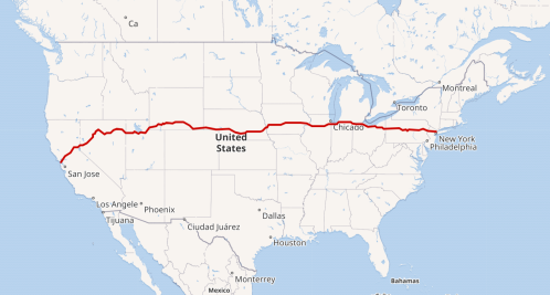 Map of the United States highlighting a red line route from San Jose, California, to New York City, New York.