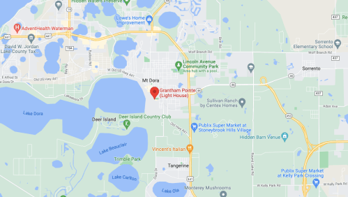 Map showing the area around Grantham Pointe Lighthouse in Mount Dora, Florida, with nearby parks and roads.