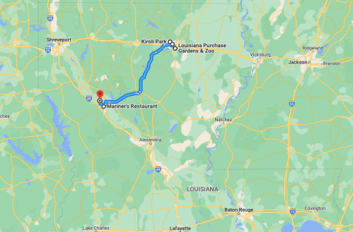 Map showing a route from Mariner's Restaurant to Kiroli Park and Louisiana Purchase Gardens & Zoo in Louisiana.