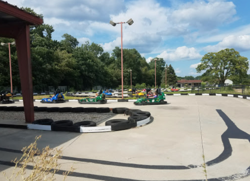 Go-karts racing on a track surrounded by trees and a blue sky with clouds.