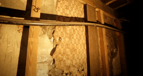 A dimly lit wall showing peeling wallpaper and exposed wooden beams, with a metal pipe running along the top.