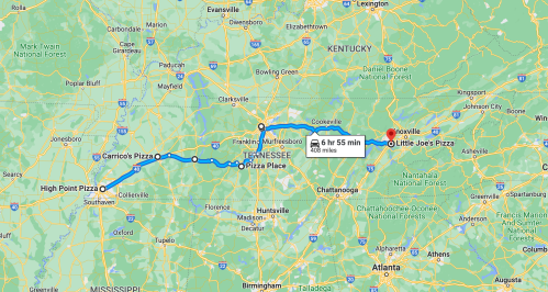 Map showing a route from High Point Pizza to Little Joe's Pizza in Knoxville, Tennessee, covering 408 miles in 6 hours 55 minutes.
