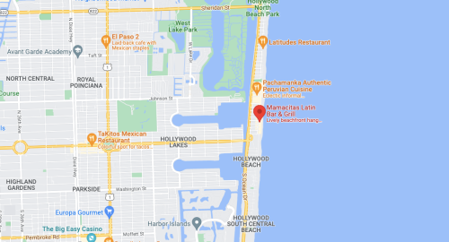 Map showing Hollywood Beach area with restaurants and parks, including Mamitas Latin Bar & Grill highlighted in red.