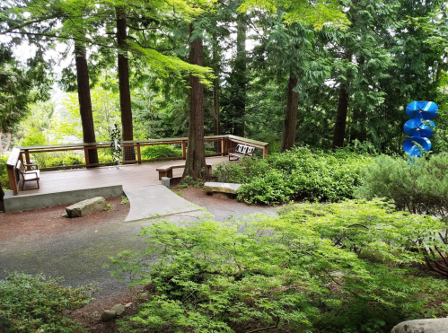A wooden deck surrounded by lush greenery and trees, with a blue spiral slide in the background.