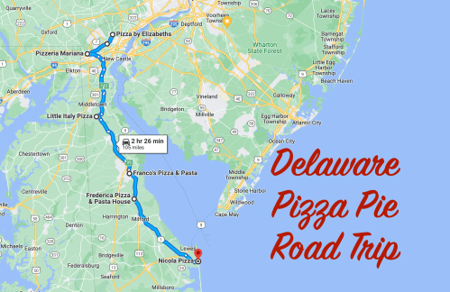 Map showing a road trip route in Delaware, highlighting various pizzerias with "Delaware Pizza Pie Road Trip" text.