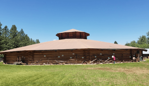 A large, round log building with a conical roof, surrounded by green grass and trees under a clear blue sky.
