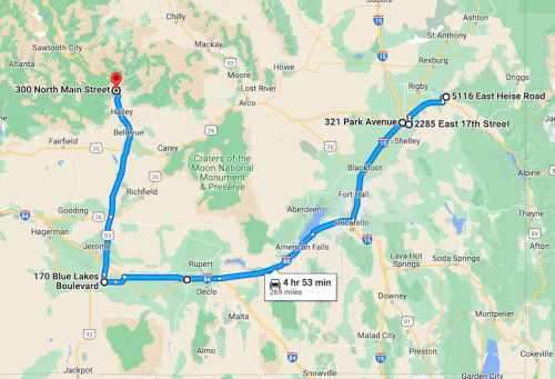 Map showing driving directions between various locations in Idaho, including distances and estimated travel time.