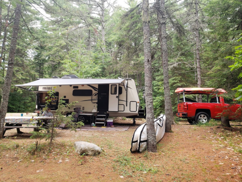 A camper trailer and a vintage red truck parked in a wooded campsite, surrounded by trees and a canoe nearby.