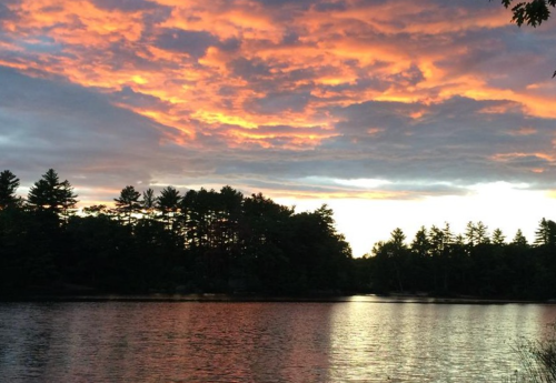 Sunset over a calm lake, with vibrant orange and pink clouds reflecting on the water and silhouetted trees in the background.