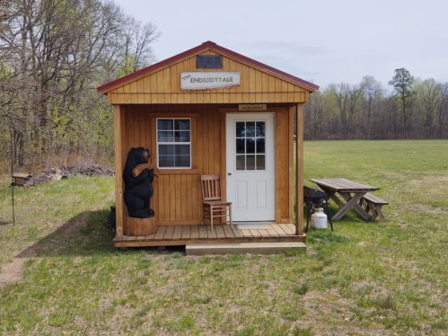 A small wooden cottage with a bear statue, a chair on the porch, and a picnic table in a grassy field.