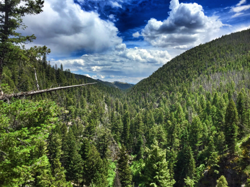 Lush green mountains and valleys under a blue sky with fluffy clouds, showcasing a serene natural landscape.