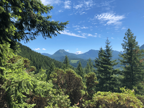 A scenic view of mountains and lush green trees under a clear blue sky with scattered clouds.