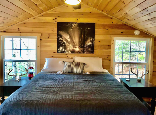 Cozy bedroom with a wooden interior, large bed, and nature-themed artwork, featuring windows with forest views.