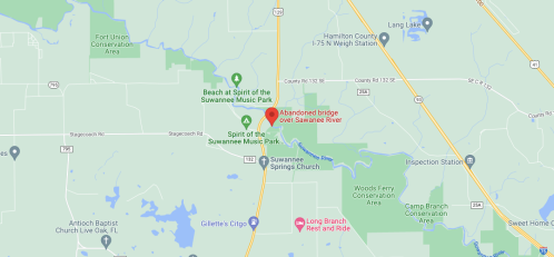 Map showing the location of the abandoned bridge over the Suwannee River, near Spirit of the Suwannee Music Park.