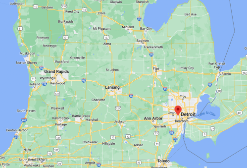 Map of Michigan highlighting Detroit, with nearby cities like Ann Arbor and Grand Rapids visible.