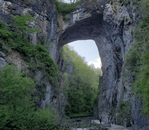 A large natural stone arch surrounded by lush greenery and a walking path below.