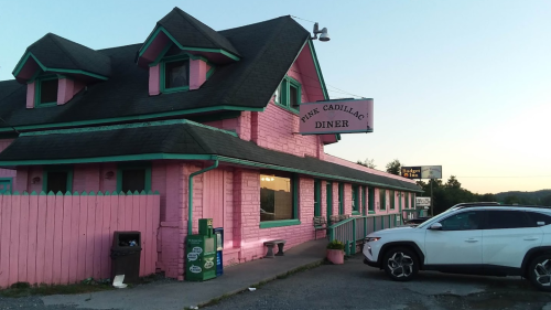 A pink diner with green accents and a sign reading "Pink Cadillac Diner," surrounded by a parking area at dusk.