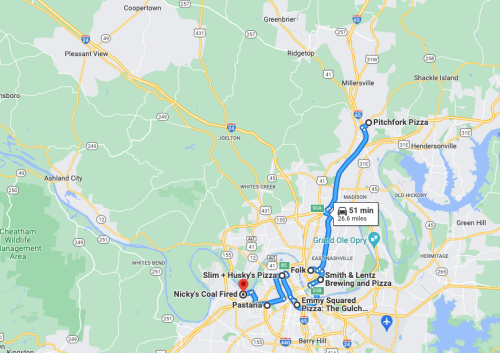 Map showing directions from Pitchfork Pizza to various nearby pizza restaurants, including Slim & Husky's and Nicky's Coal Fired.