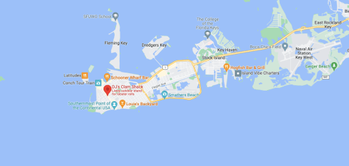 Map of Key West, Florida, highlighting locations like Schooner Wharf Bar and D.J.'s Clam Shack.