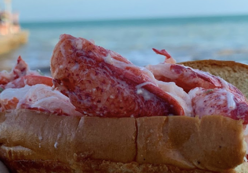 A close-up of a lobster roll with chunks of lobster meat, set against a blurred beach background.