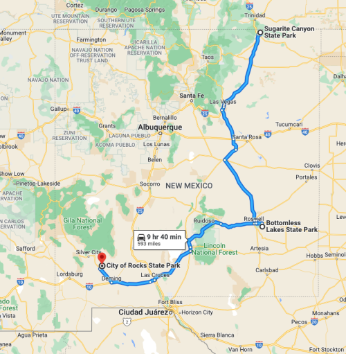 Map showing a route from City of Rocks State Park to Sugarite Canyon State Park, highlighting travel time of 9 hours 40 minutes.