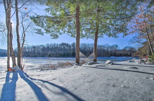 A serene winter scene by a frozen lake, featuring tall trees, a hammock, and long shadows on the snow-covered ground.