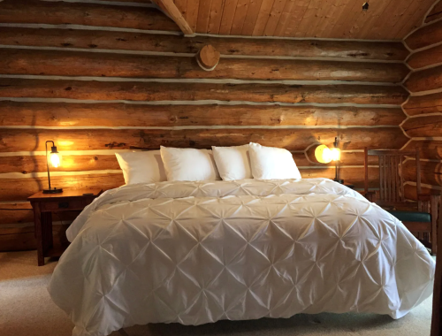 Cozy log cabin bedroom featuring a large bed with white bedding, wooden walls, and warm lighting.