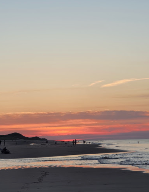 A serene beach at sunset, with soft pink and orange hues in the sky reflecting on the calm water.