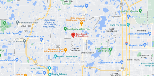 Map showing the location of Carrollwood Cultural Center in Tampa, Florida, with nearby landmarks and roads.